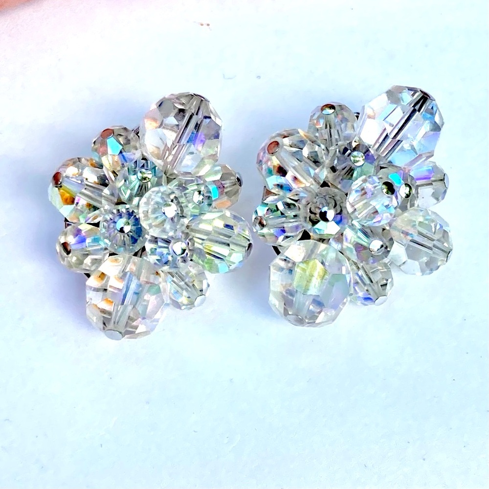 Sherman Vintage Signed AB Crystal Faceted Bead Clip-on Earrings 1.5”